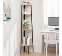 Scaffale Angolare 4 Livelli per Casa e Ufficio, Mensola Angolare in Legno Acciaio 45.5x31.5x150cm, Scaffale a Parete Multiuso per Libri Piante Oggetti, Marrone Chiaro e Nero, Capacità 40kg