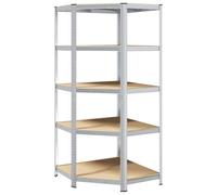 Scaffale angolare argento, 90 x 90 x 198 cm, in legno con 5 ripiani, salvaspazio e stabile, per officina, garage, ufficio, magazzino e archivio, espandibile e versatile