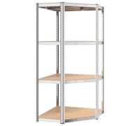 Scaffale angolare con 4 ripiani regolabili in altezza in acciaio argentato e legno 75 x 75 x 160 cm, autoportante, per magazzino, officina, ufficio, garage, con elevata portata e robusto sistema a