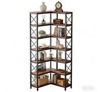 Scaffale angolare con barre a forma di X, libreria a 7 piani in metallo e legno, con 14 scomparti, divisorio e vetrina per soggiorno, corridoio, 61 x 61 x 202 cm, nero/marrone rustico