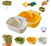 Scaffale angolare per lavello con apertura e chiusura a un pulsante, cestello autopulente per lavello da cucina, facile da installare e pulire (giallo + bianco)