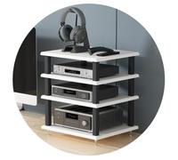 Scaffale AV bianco a 4 ripiani, mobiletto audio e giradischi, unità multimediale multistrato per l'intrattenimento domestico, scaffale da pavimento (40 x 35 x 42 cm)