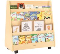 Scaffale bifacciale con rotelle, scaffale in legno per bambini a 4 livelli, contenitore per riviste, ideale per camere da letto, sale da gioco e salotti