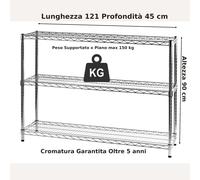 Scaffale cromato con 3 ripiani cromato in kit Dimensioni 45x121xh90 - peso 15,47 kg cm Cromo cromo