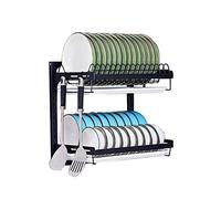 Scaffale Cucina, Scolapiatti da appendere a parete, scolapiatti da cucina a 2 ripiani, organizer per spezie, con vassoio di drenaggio e 3 ganci, rivestimento in acciaio inox nero (2 ripiani, 16,1 pol