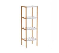 Scaffale da Bagno con 4 Ripiani in Legno Bianco mdf e Struttura in Bambù
