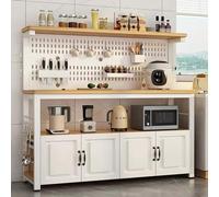 Scaffale da cucina a 4 ripiani con 4 ante supporto per microonde e tabellone forato fai da te, 160 cm, bianco e legno chiaro, soluzione versatile per riporre e nizzare le cucine moderne