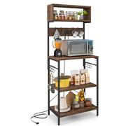 Scaffale da cucina a 5 livelli, supporto per microonde alto 153 cm con prese di corrente, 10 ganci a S, piedini regolabili e dispositivo anti-ribaltamento, ripiano portaoggetti autoportante per cucina