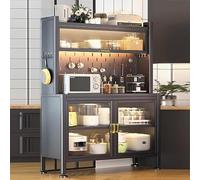 Scaffale da cucina a 5 ripiani con anta a ribalta, supporto per microonde in metallo, pannello forato e grandi ripiani, ideale per cucina, dispensa, garage, spezie, pentole, padelle (80 cm)