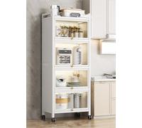 Scaffale da cucina a 5 ripiani con ruote bloccabili, struttura in metallo con sportello visibile, per organizzare pentole, padelle e posate