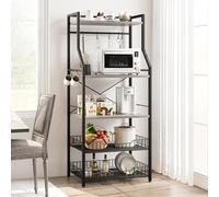 Scaffale da cucina a 5 ripiani con supporto per microonde, include 2 grandi cestelli in filo metallico, 8 ganci e ripiani industriali per bar, perfetto per cucina o sala da pranzo, colore: nero+grigio