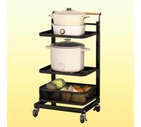 Scaffale da cucina nero con coperchio per casseruola, con 3 ripiani e 1 cestino, per una efficiente organizzazione e gestione dei contenitori.
