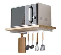 Scaffale da cucina per forno a microonde con 6 ganci, per pentole e padelle, in legno, salvaspazio, porta utensili da cucina