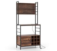 Scaffale da forno in legno con stazione di ricarica, scaffale da cucina industriale con portabottiglie di vino, armadio, 4 ganci e supporto per forno a microonde, per sala da pranzo e soggiorno