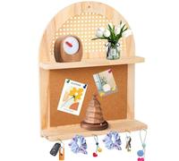 Scaffale da parete con design ad arco con bacheca, scaffale a 2 ripiani in rattan bohémien, mensola galleggiante con ganci per la decorazione della casa e l'organizzazione