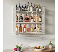 Scaffale da parete in metallo per vino - Mensola galleggiante in ferro con supporto per bicchieri da vino e calici - Espositore da appendere per bottiglie di liquore per cucina, soggiorno, sala da