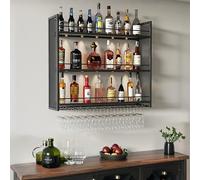 Scaffale da parete in metallo per vino - Mensola galleggiante in ferro con supporto per bicchieri da vino e calici - Espositore da appendere per bottiglie di liquore per cucina, soggiorno, sala da