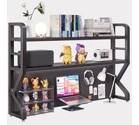 Scaffale Da Scrivania A 3 Livelli Con 28 Ganci E Griglia,Libreria Da Scrivania In Metallo,Espositore Mensola Aperta Con Piedini Antiscivolo E Dispositivo Antiribaltamento,Organizer(Black,115cm/45.2in)