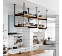 Scaffale da soffitto a 2 livelli, ripiani in legno sospesi con struttura in ferro metallico portabottiglie industriale per espositore per piante per ristorante bar caffetteria(2-layer 130x30x80cm)