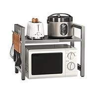 Scaffale espandibile per forno a microonde a 2 livelli con 6 ganci, regolabile in altezza e larghezza, in metallo, organizer da cucina, per forni a microonde, spezie e utensili (colore grigio canna di