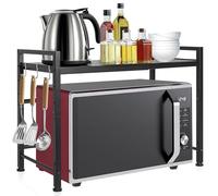 Scaffale espandibile per forno a microonde, regolabile in altezza, supporto per microonde a 2 livelli con ganci, organizer pieghevole da cucina per tostapane, scaffale antiscivolo per microonde (nero)