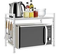 Scaffale espandibile per forno a microonde, regolabile in altezza, supporto per microonde a 2 livelli con ganci, organizer pieghevole da cucina per tostapane, scaffale antiscivolo per microonde