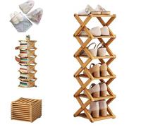 Scaffale in Bambù a 9 Ripiani, Scaffale in Bambù a 9 Ripianis Senza Montaggio, Organizer Pieghevole Salvaspazio for Scarpe, Portascarpe Verticale Sottile Con Opzioni da 2 a 10 Ripiani(Natural,6 Tier)