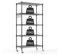 Scaffale in Metallo a 5 Fili con Ruote, Ripiani Regolabili in Altezza, Scaffali da Pavimento per Lavanderia, Bagno, Cucina, Dispensa, Armadio 76cm*35cm*158cm-Nero