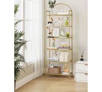 Scaffale, libreria in vetro temperato, libreria sottile per camera da letto, bagno, ufficio domestico, struttura in acciaio, 6 ripiani dorati Oro