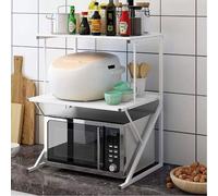 BAKAJI Scaffalatura Mobile Scaffale Porta Spezie Microonde Struttura in Metallo con 2 Ripiani Mensole in Legno Organizer Mensola Porta Utensili Strumenti Cucina Design Moderno (Bianco)