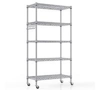 Scaffale Metallico di Stoccaggio a 5 Ripiani con Ruote, Scaffale da Cucina in Filo Pesante con Gancio, Ripiani Regolabili in Altezza per Bagno Cucina Garage (76Dx35Wx158H)-Argento