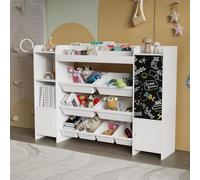 Scaffale per bambini con libreria per bambini, 137 cm, in legno, con contenitore e lavagna, scaffale per bambini, con scatola per giocattoli, scaffale per bambini con 8 scatole (bianco, 137 x 30 x 94