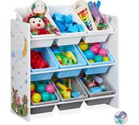 relaxdays Scaffale Porta Giochi, 9 Scatole, Design Anilmali e Falò, MDF, Plastica, Organizer 67 x 65 x 31,5 cm, Colorato