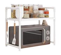 Scaffale per forno a microonde, ripiano per forno a microonde con ganci, supporto per macchina del pane a doppio strato, per dispensa domestica, dormitorio, uso quotidiano all'aperto e altri