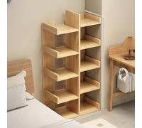Scaffale per libri in legno, mensole angolari con pannello posteriore per soggiorno o camera da letto, base stabile con angoli arrotondati, design compatto per piccoli spazi