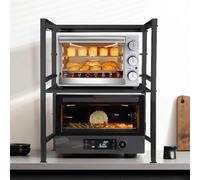 Scaffale per microonde (3 livelli), massima stabilità, poiché piedini antiscivolo e gommati - Scaffale estraibile per microonde da 40 - 64 cm espandibile con 6 ganci (3 piani, nero)