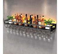 Scaffale per vino industriale a parete con luce e portabicchieri, portabottiglie sospeso in metallo, scaffale galleggiante rustico, espositore decorativo per cucina soggiorno (nero 80 x 30 cm)