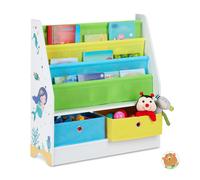 relaxdays Porta Giochi Bambini, con Motivi Marini, 2 Scatole, 3 Scomparti, Scaffale Libreria, HLP 74x71x23 cm, Colorato