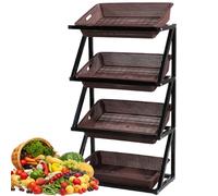 Scaffale portafrutta e verdura a 4 ripiani, espositore per negozi al dettaglio per cucina e supermercato, organizer per cestini per snack, scaffale in legno per mercato, design doppio marrone (si