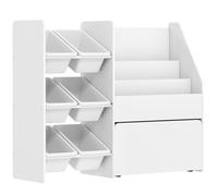 Scaffale Portagiochi 100x30x80 cm con 6 Cesti 3 Ripiani e Box Inferiore in Legno, Plastica e Acciaio Bianco