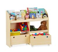 relaxdays Portagiochi Bambini, Scaffale Libreria, Portaoggetti in Plastica, MDF, H x L x P: 88 x 108 x 29 cm,Simil Legno
