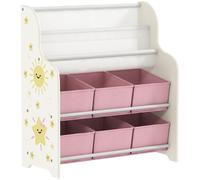Scaffale Portagiochi per Bambini 63x30x71 cm con 6 Cassetti in Tessuto e Libreria a 2 Livelli in Legno e Acciaio Rosa
