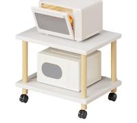 Scaffale portaoggetti da cucina a 2 ripiani in legno con ruote, scaffalatura laterale, carrello porta stampante per soggiorno, ufficio, sala da pranzo, bianco e naturale