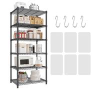 Scaffale portaoggetti in metallo a 6 livelli con ganci, mensola da cucina regolabile con ripiani PP, mensola bagno, cantina, garage, biblioteca, piante, carico pesante (nero, 60×45×184 cm)