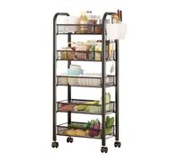 Scaffale portaoggetti per frutta e verdura, 5 ripiani, impilabile, in rete metallica, con ruote, cestino per la spesa, organizer per cucina, dispensa, nero, 5 strati