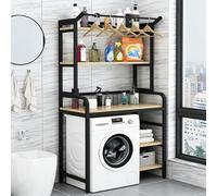 Scaffale Portaoggetti Sopra Lavatrice e Asciugatrice per Lavanderia, Mobile Lavatrice a 3 Ripiani per Lavatrice, con Asta Appendiabiti, Salvaspazio(Black+Natural,90x50x183cm)
