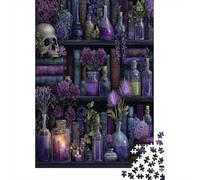 Scaffale, Pozioni Magiche, Libri e Fiori-Teschio gotico,Puzzle Per Adulti 38x26cm/1000pcs,Giochi Di Sfida