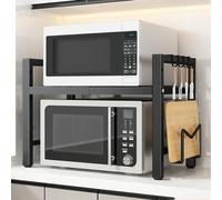 Scaffale regolabile per forno a microonde a 2 livelli con supporto in metallo e 6 ganci, robusto piano di lavoro espandibile per riporre la cucina e soluzioni salvaspazio