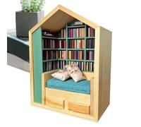 scaffale: ripiano in legno con 200 mini libri, due cuscini, design compatto, stoccaggio durevole sul tavolo | per camera dei bambini, camera da , scrivania, viaggio o decorazione