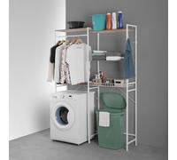 Scaffale sopra Lavatrice E Asciugatrice in Acciaio Bianco Opaco con 4 Ripiani, Cestello Scorrevole E Barra Appendiabiti, L 147 x P 34 x H 195,5 Cm, in Kit di Montaggio